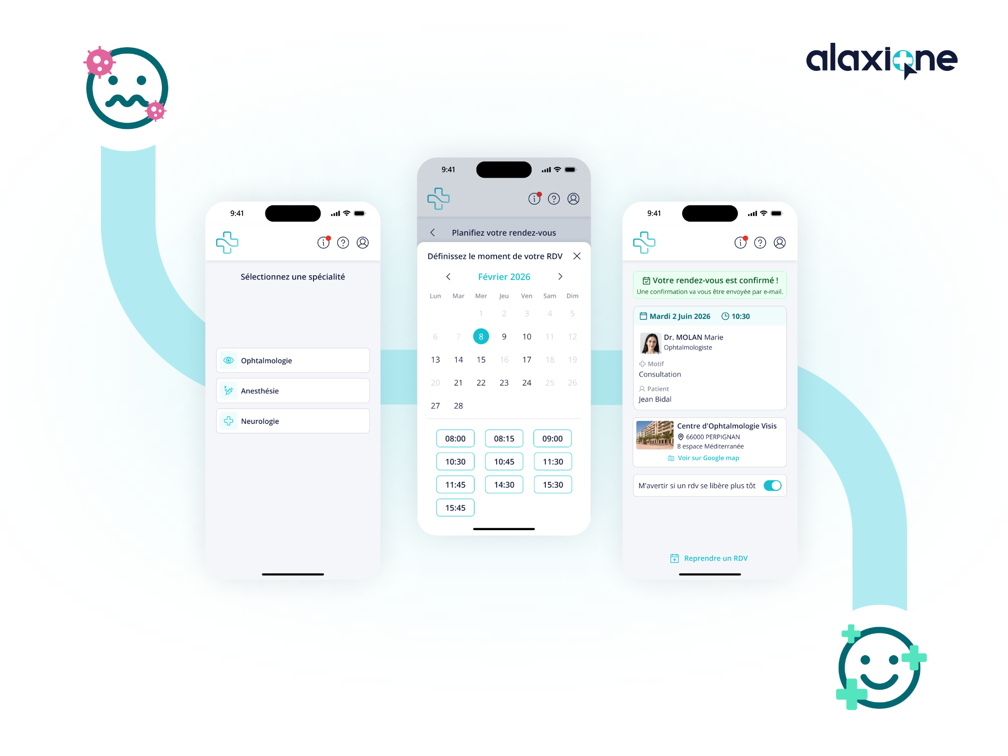 Trois écrans mobiles du parcours de prise de rendez-vous médical Alaxione