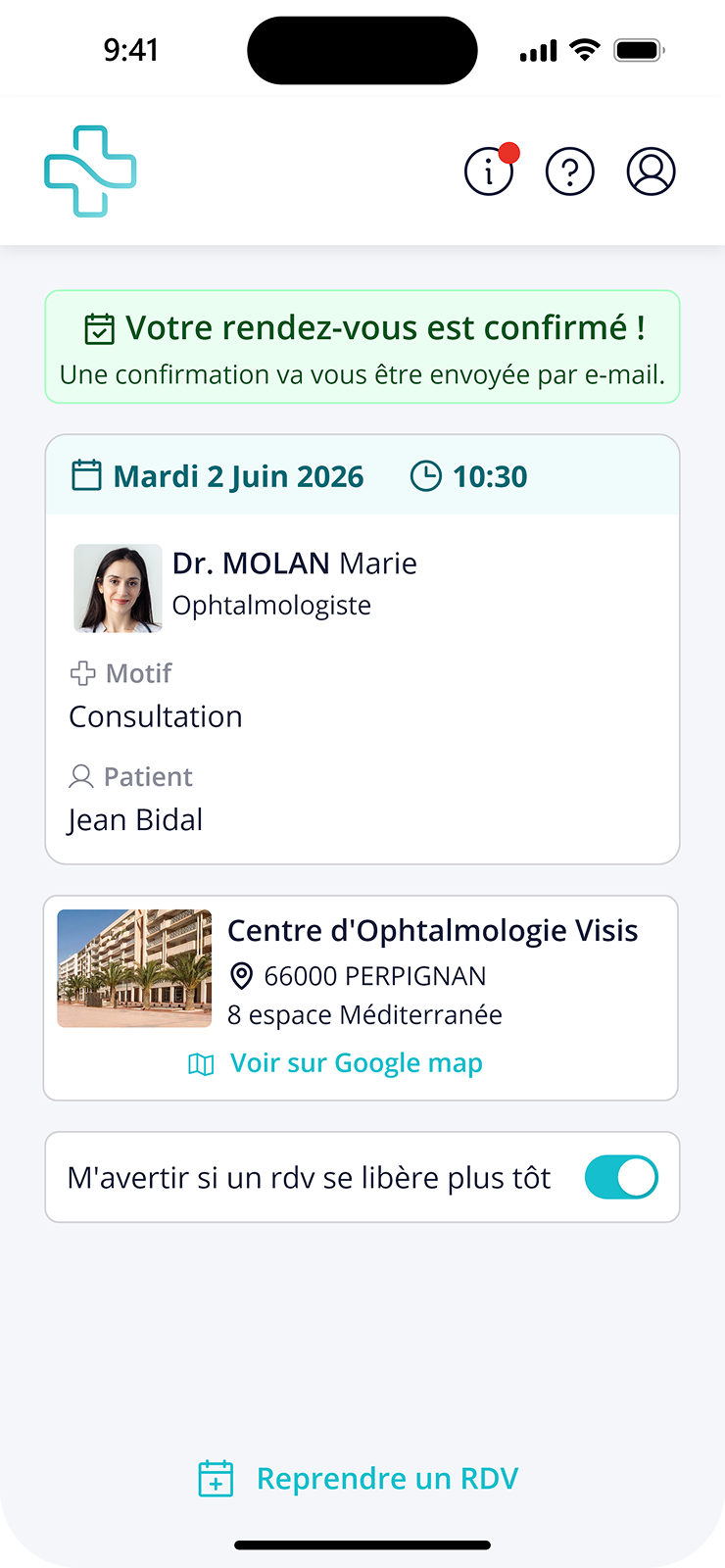 Confirmation de rendez-vous avec option pour être averti si un créneau se libère