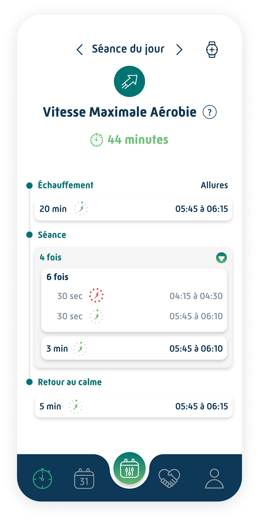 Écran détaillé d’une séance VMA dans Flit Run