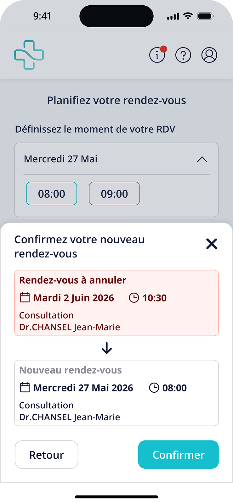Confirmation du remplacement d’un rendez-vous existant par une disponibilité plus proche