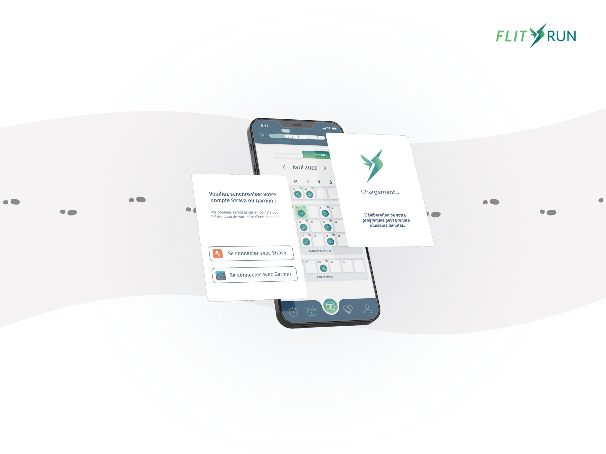 Aperçu de l’application Flit Run avec calendrier, synchronisation Strava et Garmin