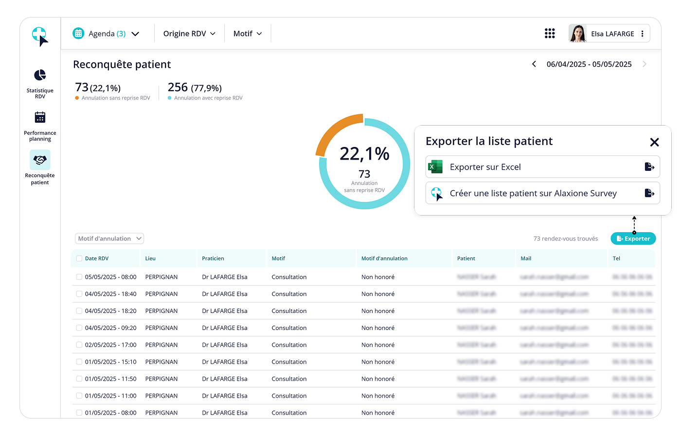 Vue Reconquête patient avec liste exportable des rendez-vous annulés sans reprise
